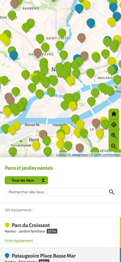 Annuaire parcs et jardins Nantes Métropole, vue mobile liste
