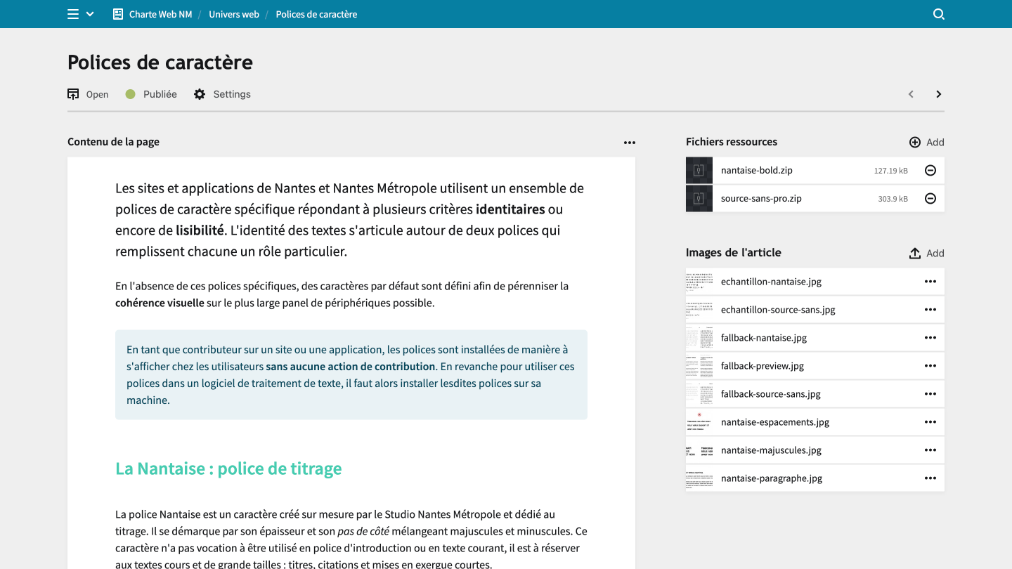 Back Office Kirby CMS, page polices de caractère