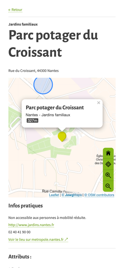 Annuaire parcs et jardins Nantes Métropole, version mobile fiche équipement